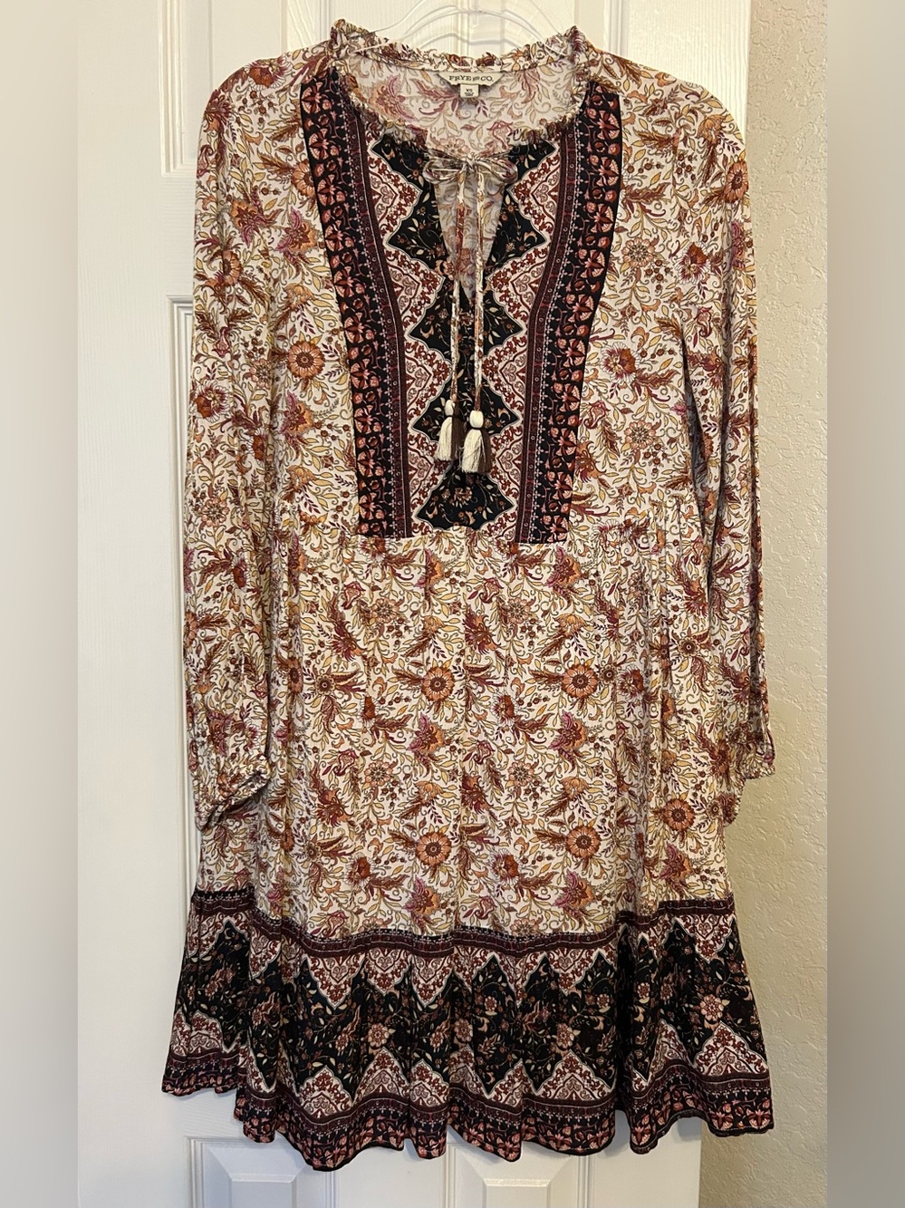 FRYE AND CO. Multi Color Floral Boho Tie-Front Tunic Dress with Rust Accents